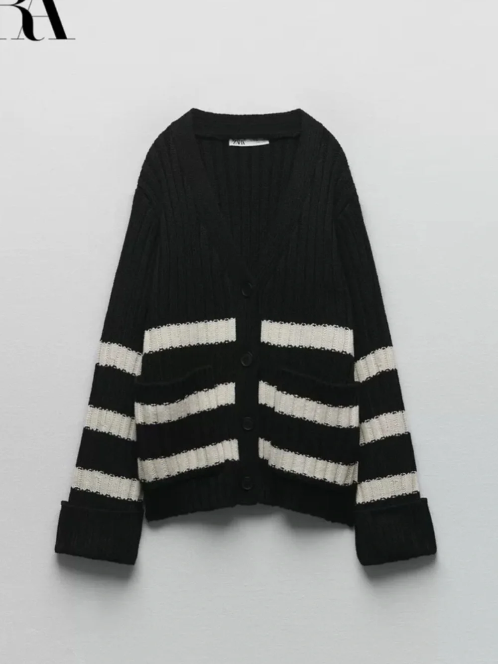 ZARA Black Cardigan with Cream Stripes - Picture 1 of 4